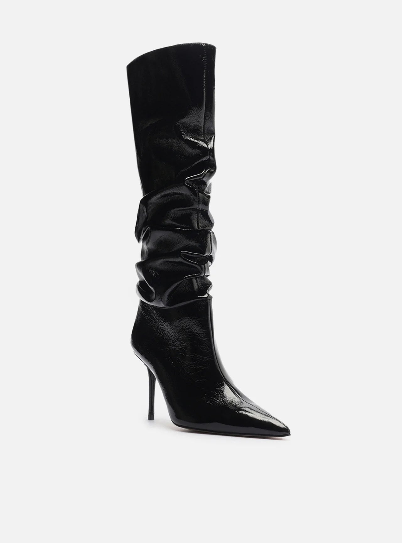 Bota Preta Couro Crinkle Cano Longo Salto Alto Slouch